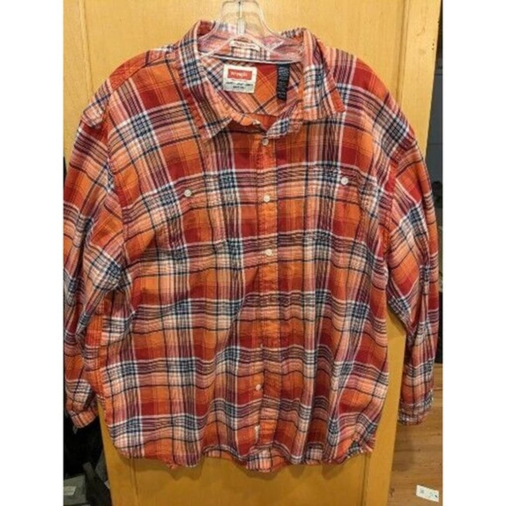 Wrangler Rugged Large Shirt Mens Large Orange Plaid Western Outdoor 3XL
